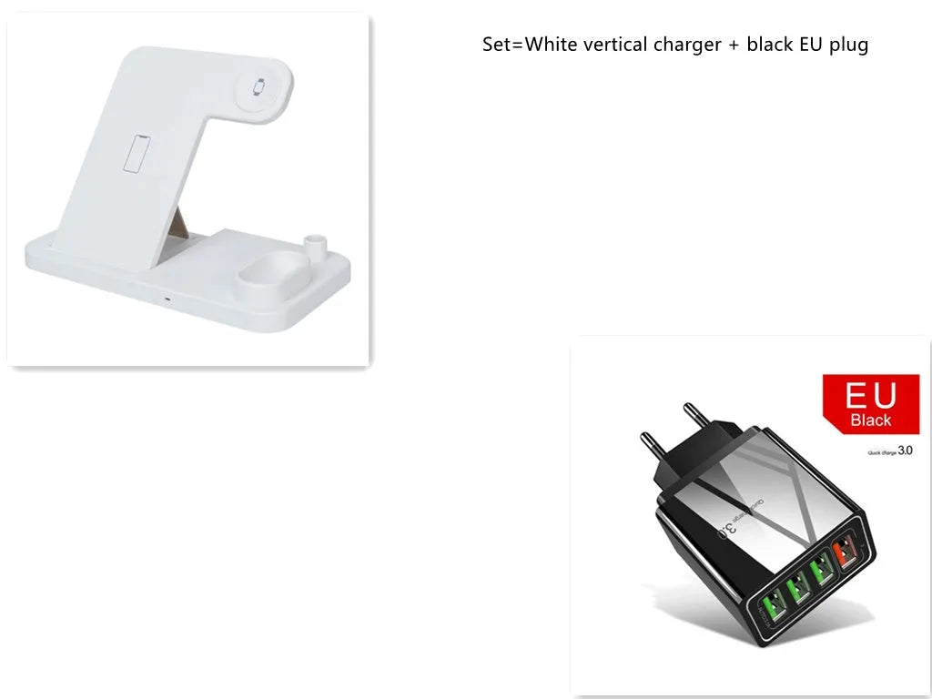 Black 4-in-1 wireless charging dock with phone on adjustable stand, Apple Watch, AirPods, and Apple Pencil charging simultaneously.