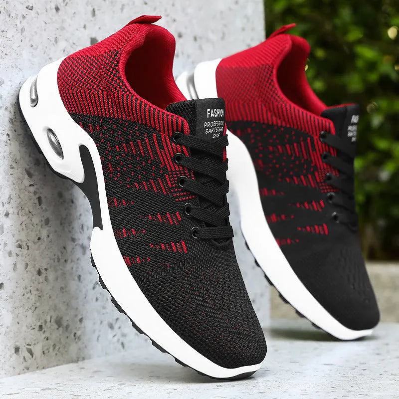 Men's flyknit mesh breathable casual soft sole low-top lace-up sneakers in black and gray