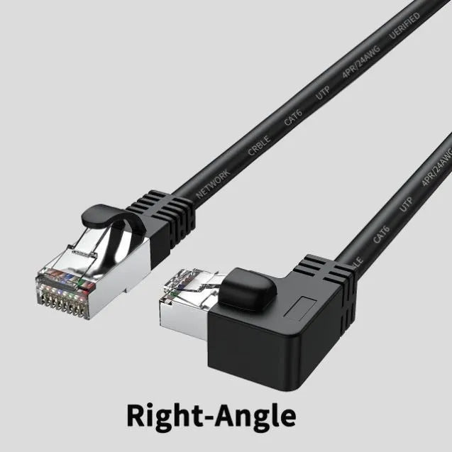 Cat6 Ethernet cable with right-angle metal RJ45 connector in black, available in multiple lengths