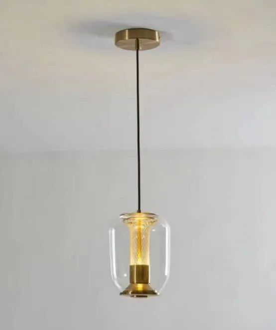 Minimalist Nordic glass chandelier pendant light in clear, cognac, or smoky grey, 16cm wide.