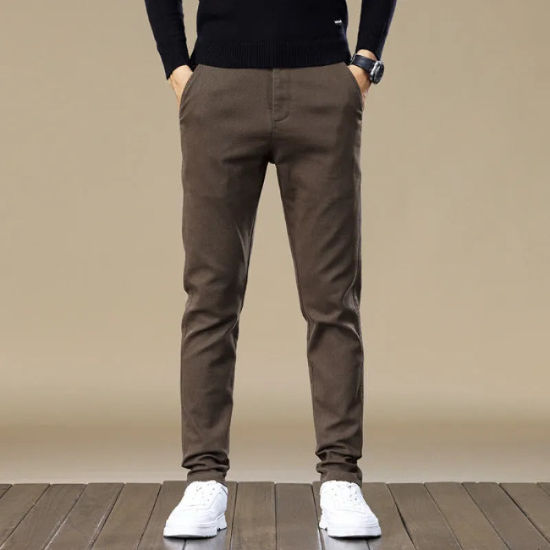 Men's fleece-lined slim fit tapered casual pants in black, cotton fabric, available in sizes 28-40