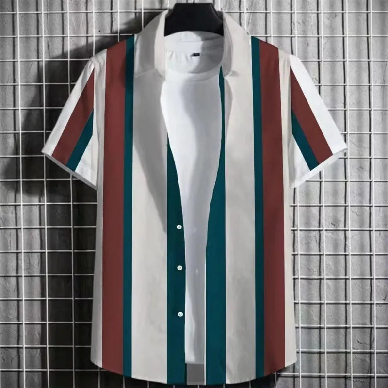 A linen men's striped short sleeve T-shirt with a 3D printed graphic, shown on a hanger.