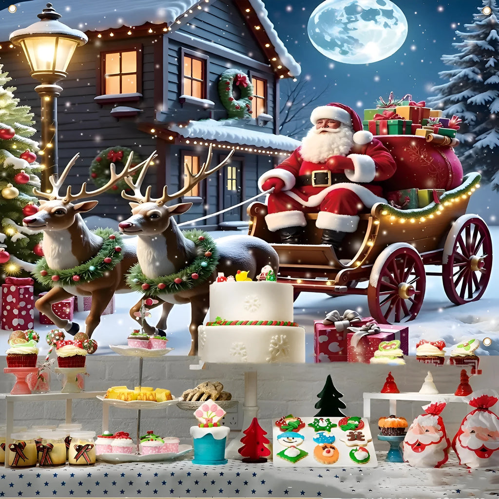 Red Christmas banner with Santa Claus and gift imagery measuring 210 cm wide by 150 cm high