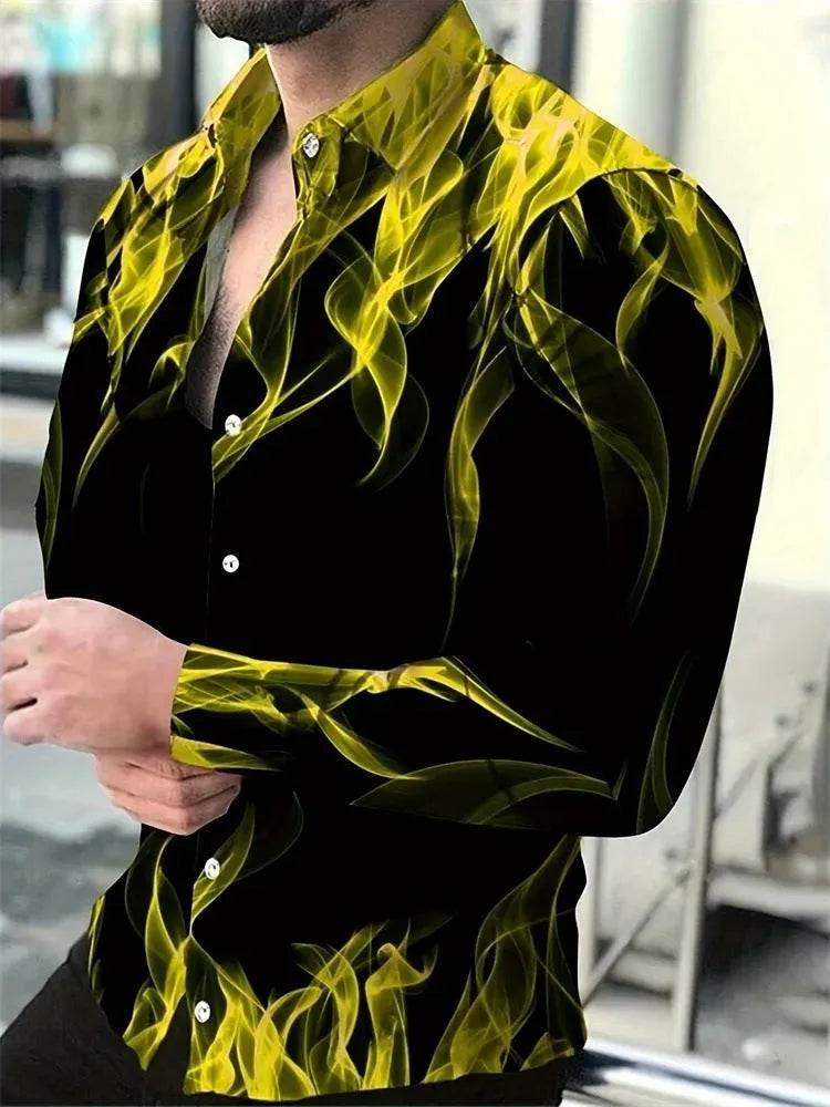Man wearing a loose-fit Hawaiian shirt with floral pattern, long sleeves, and a cardigan style.