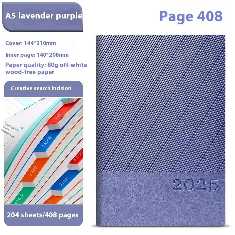 A5 business notepad with striped PU leather cover showing eight colour options open to reveal thick paper