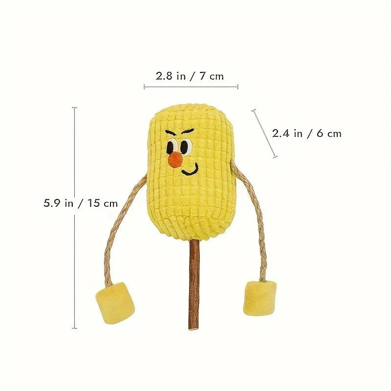 Polio wood corn cob shaped cat toy with catnip for dental cleaning, shown in Boxer and Coach designs.