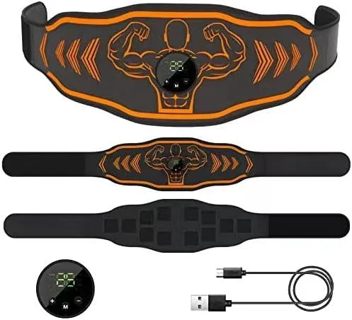 Blue and orange EMS smart massage belt kits with host unit, main belt, and arm electrodes on a grey background.