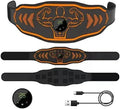 Blue and orange EMS smart massage belt kits with host unit, main belt, and arm electrodes on a grey background.