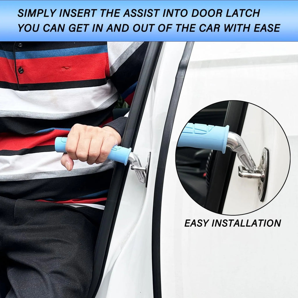 Portable metal and silicone vehicle support handle for elderly, shown in red, blue, and green.