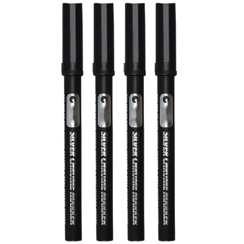 Waterproof mirror marker pen with plastic shell, shown with 1mm and 2mm tip options for glass writing.