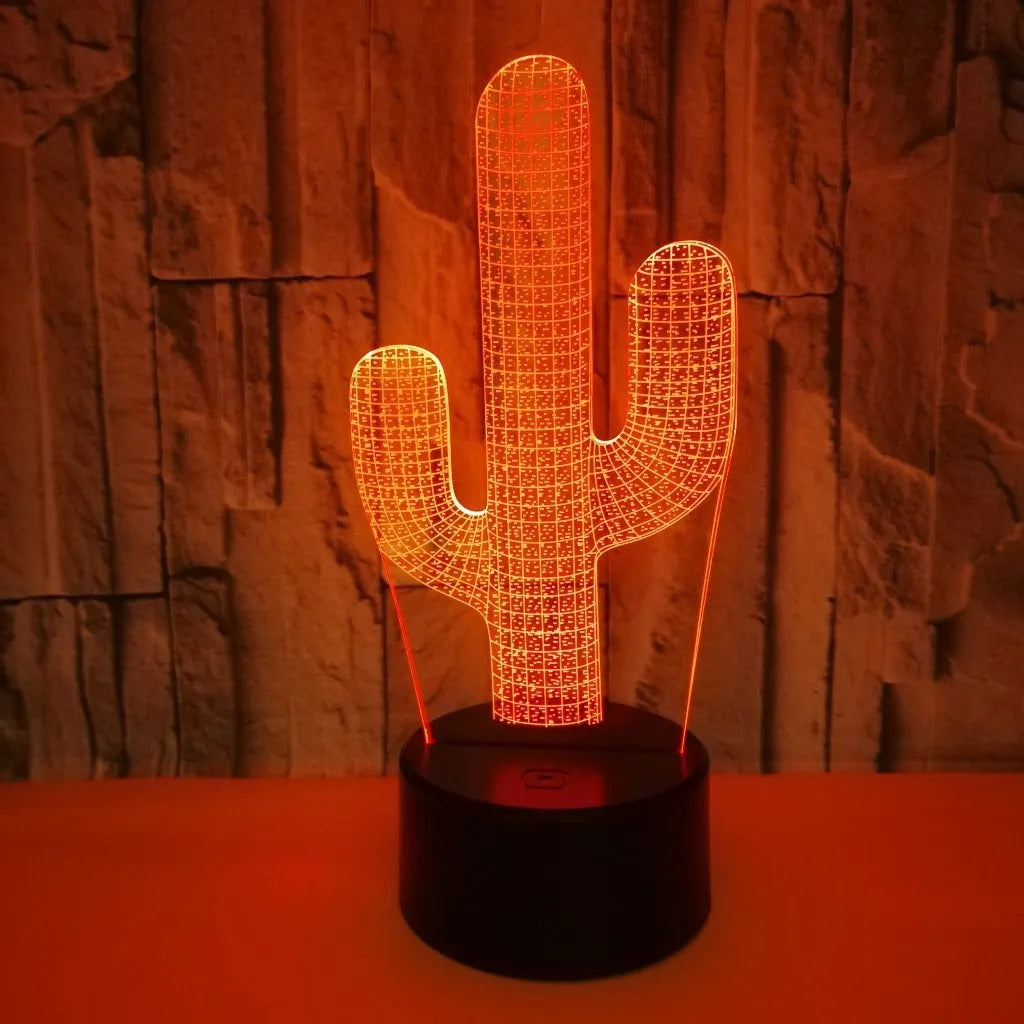 Cactus 3D small night lamp with colourful touch and remote control, USB powered, acrylic and ABS construction