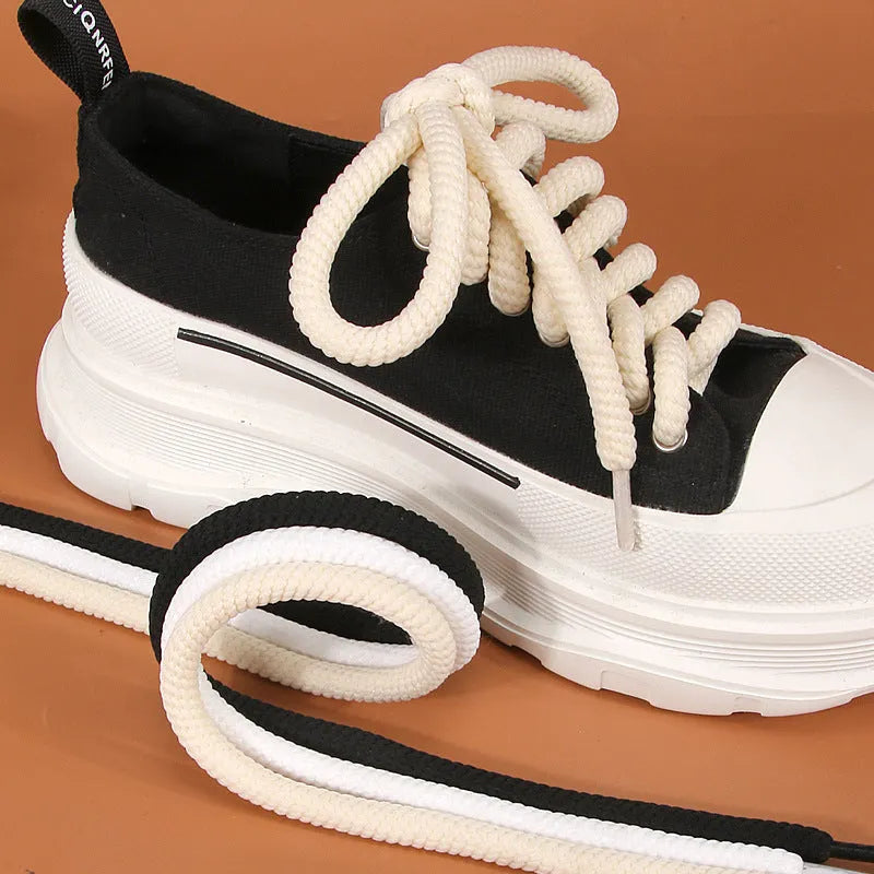 Round woven shoelaces in white, beige, and black colours showing thickness options