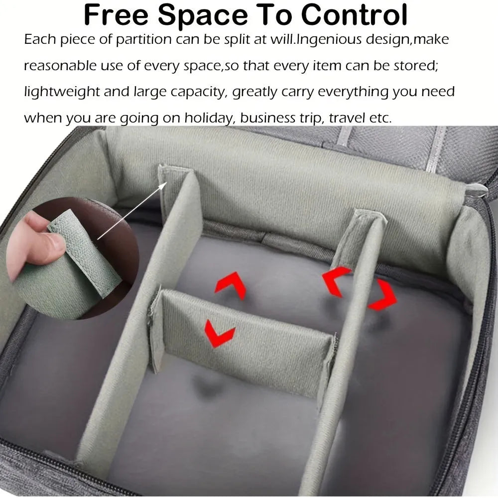 Black waterproof electronics organiser bag open, showing mesh pockets, elastic loops, and removable padded dividers inside.