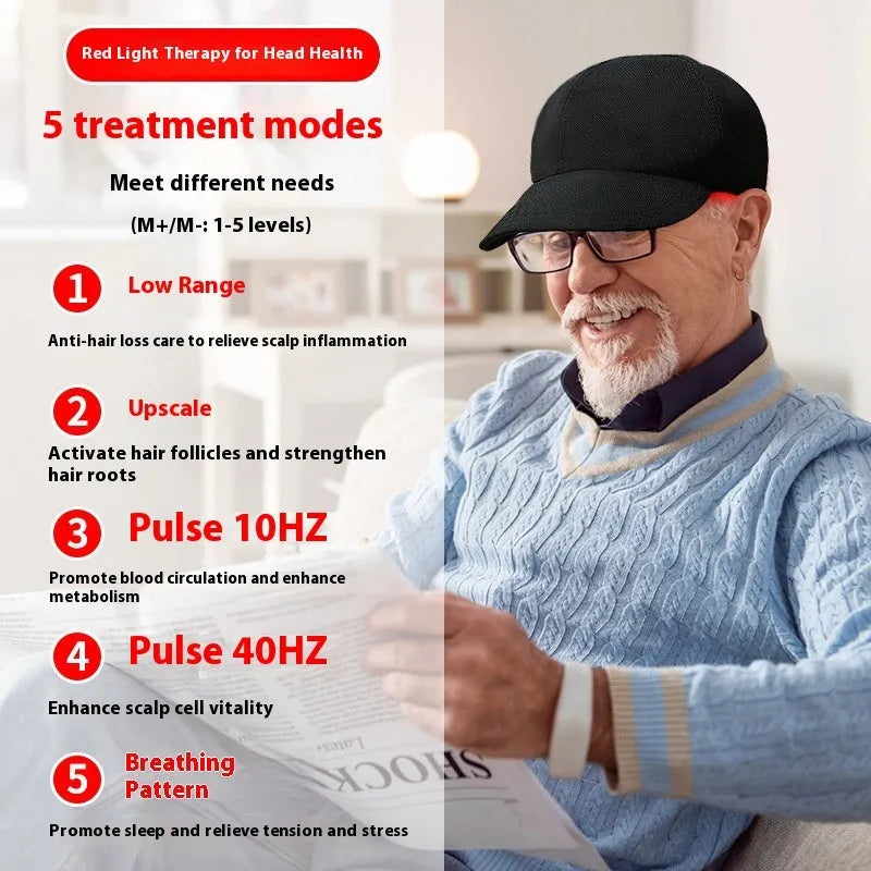 Black red light therapy cap with 180 LED bulbs for hair growth treatment