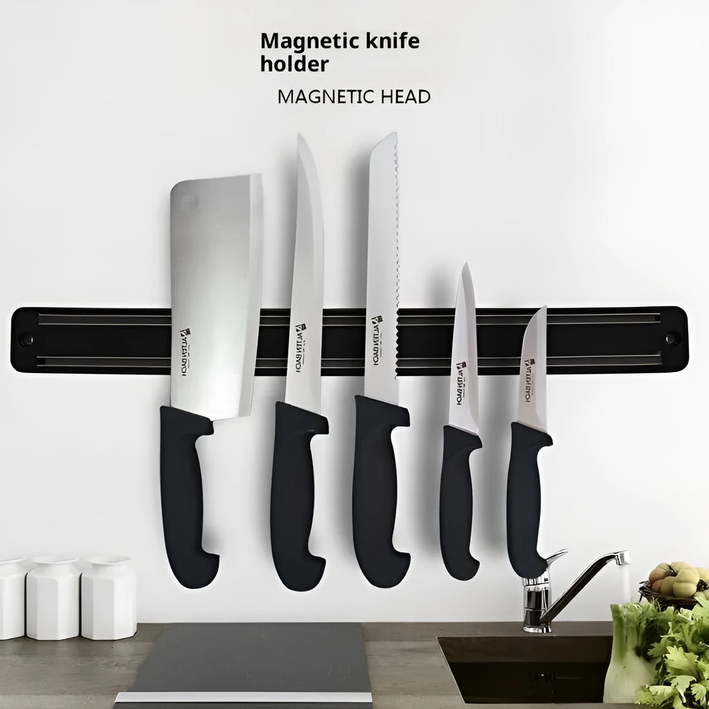 50cm magnetic knife holder with stainless steel strip and plastic body on a wall