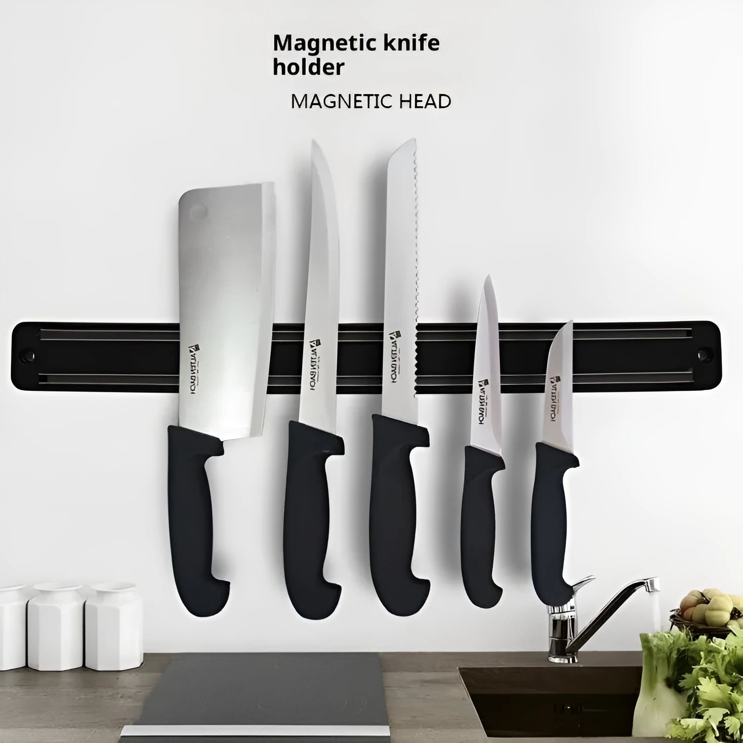 50cm magnetic knife holder with stainless steel strip and plastic body on a wall