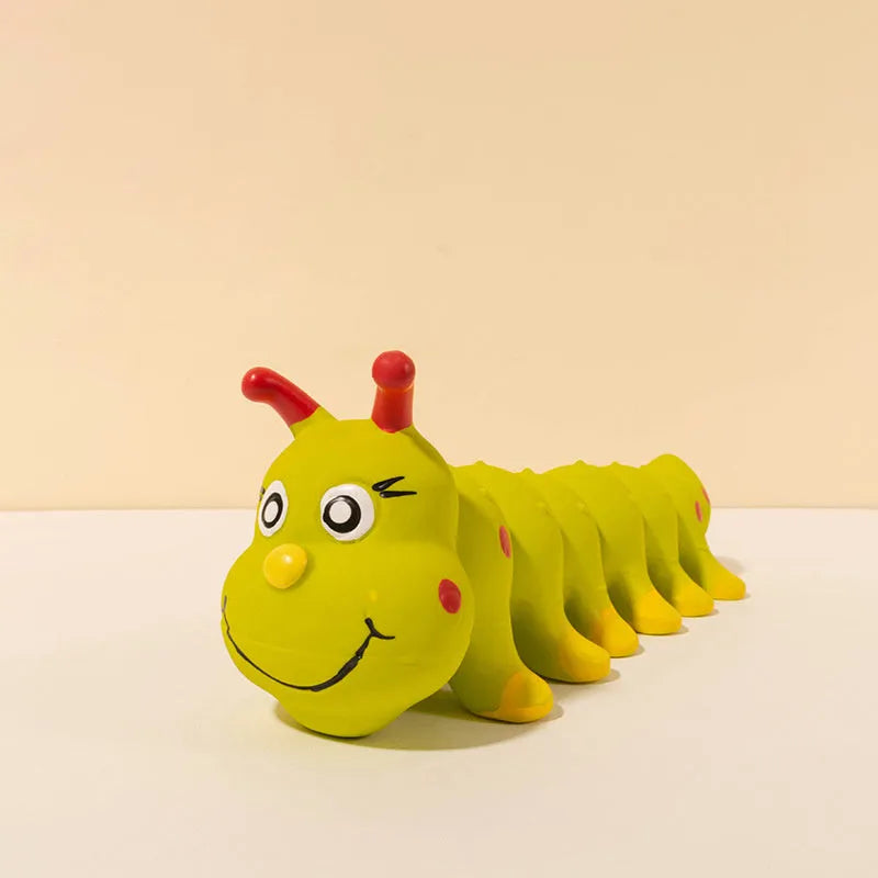Yellow caterpillar-shaped rubber dog squeaky toy for small and medium dogs.