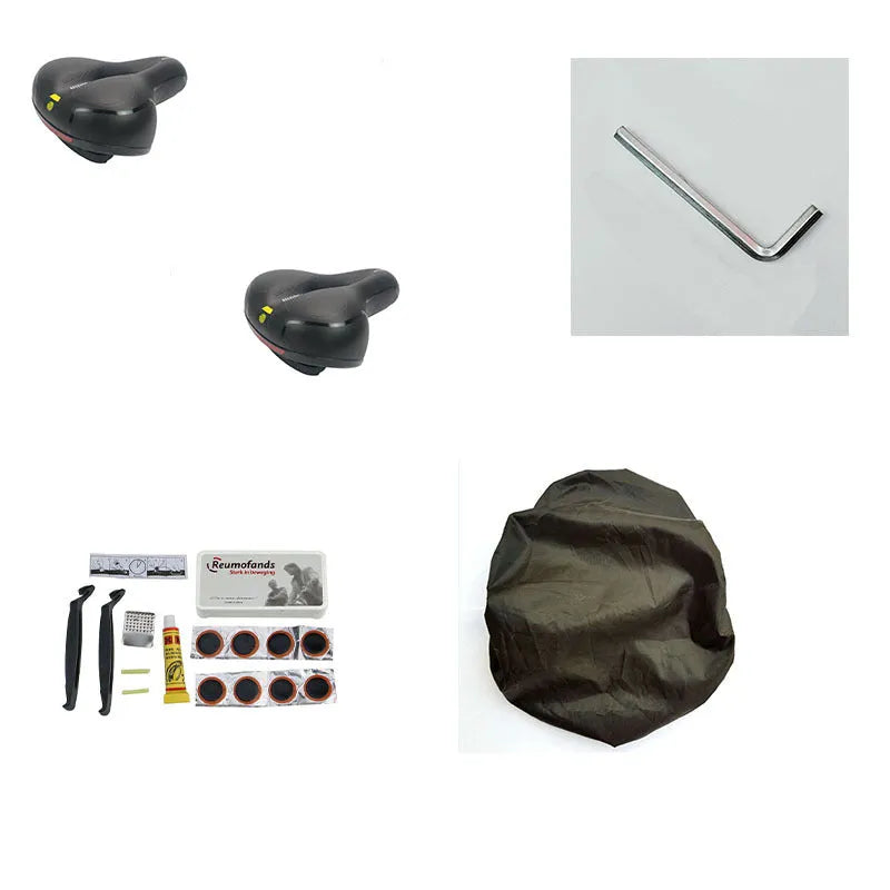 Thickened soft silicone bicycle cushion with waterproof cover, wrench, and tyre patch kit.