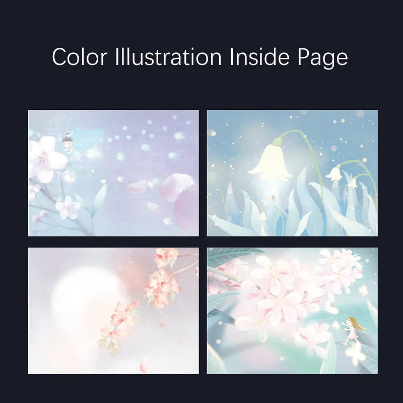A5 notebook with luminous reflective cover open to show pages with colourful illustrated backgrounds.