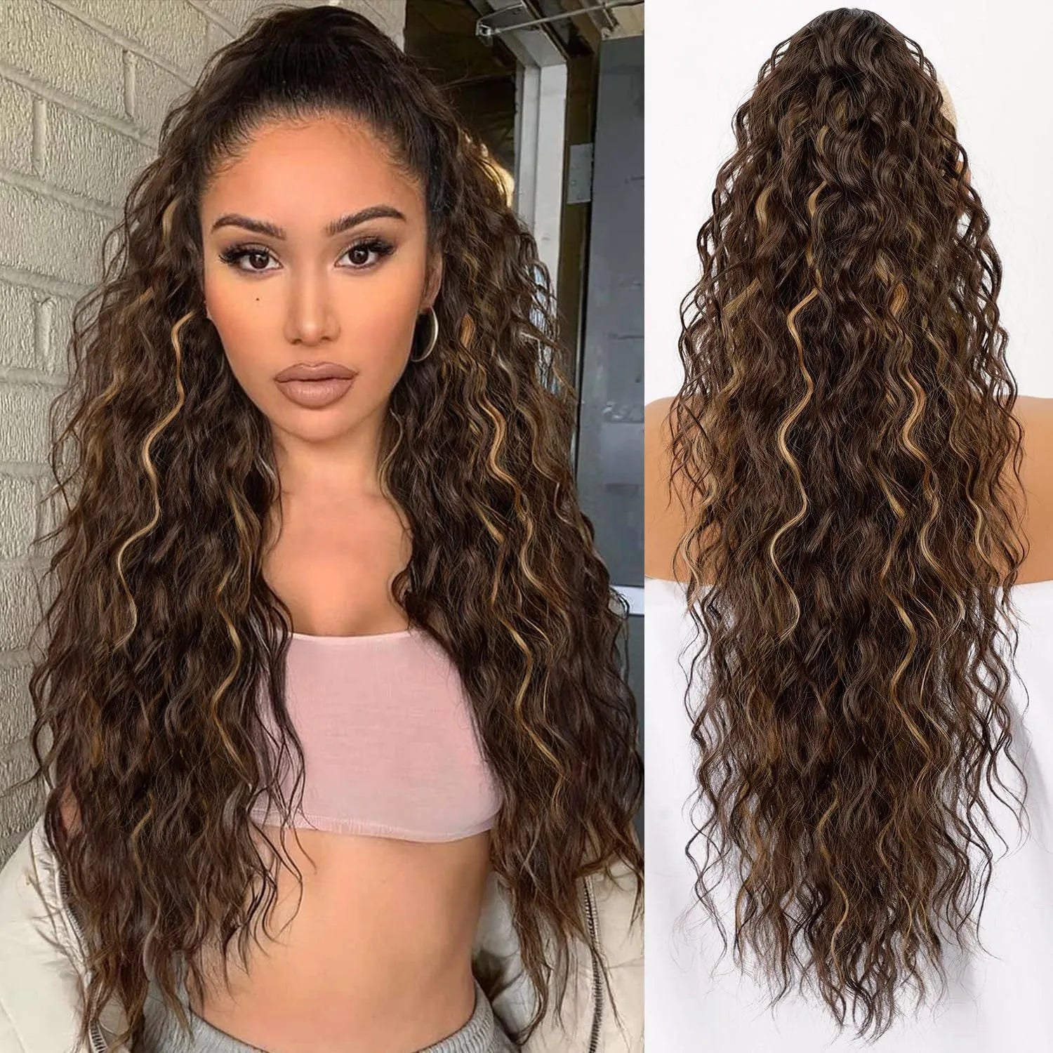 Long 30-inch curly ponytail wig in high temperature fibre for costume and cosplay.