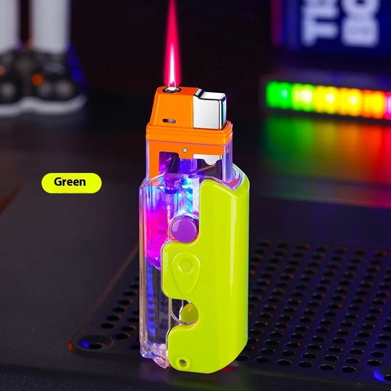 Colourful plastic lighter in orange, purple or green with wind-resistant design
