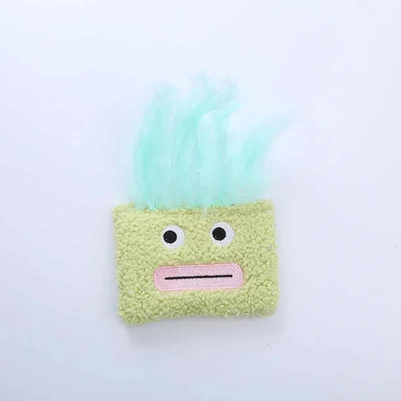 Catnip plush toy with big mouth explosion head shape in blue, green, orange, and purple colour options