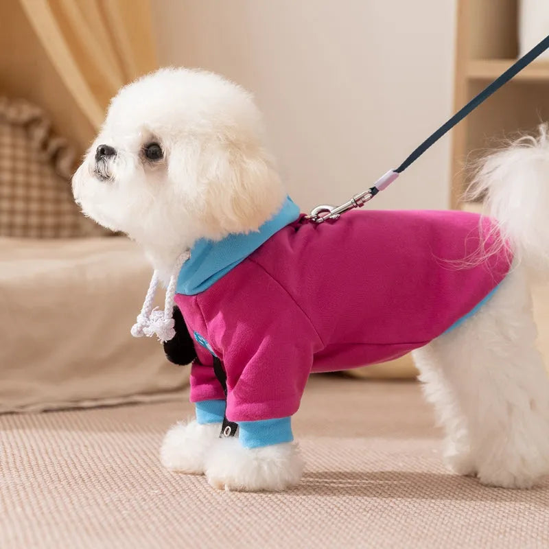 Purple colour-block dog hoodie with drawstring hood, cat plush necklace and belt loops, sizes XS to XL