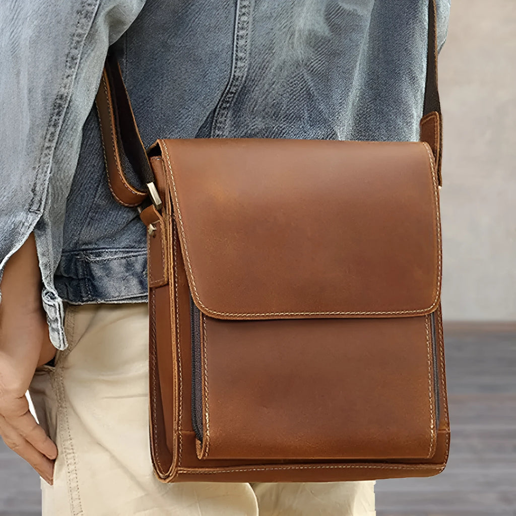 Men's first-layer cowhide leather single-shoulder crossbody bag in Brown 209 with solid colour finish