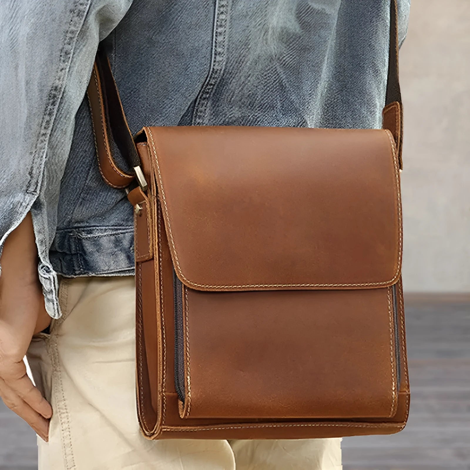 Men's first-layer cowhide leather single-shoulder crossbody bag in Brown 209 with solid colour finish