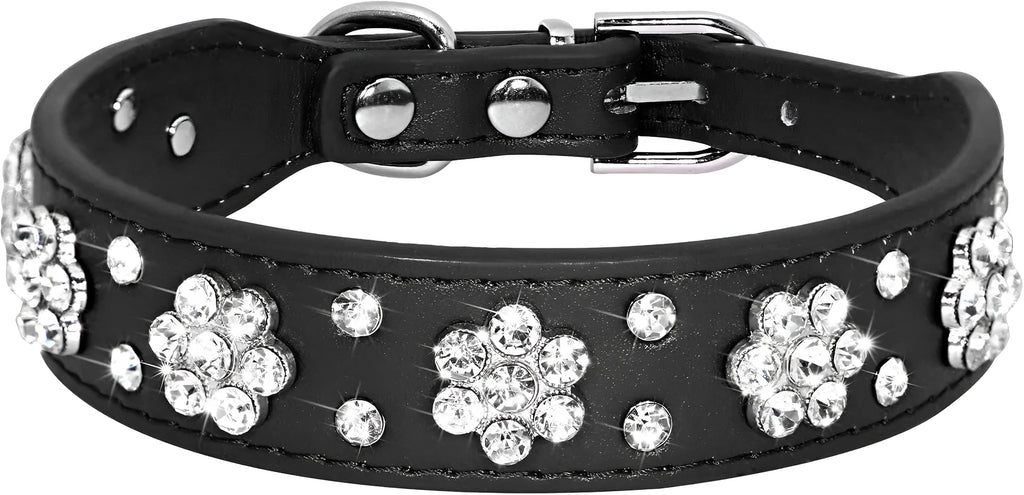 Black PU leather dog collar with rhinestone flower pattern and studs, adjustable for small dogs.