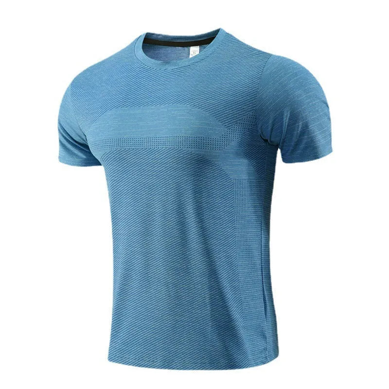 Men's red short-sleeved sports T-shirt made from polyester spandex fabric for running and basketball.