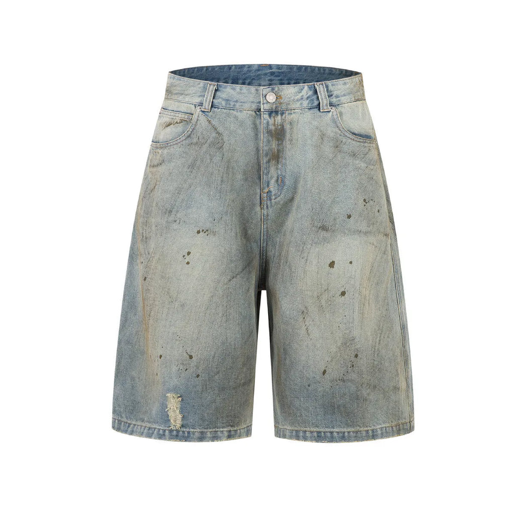 Men's blue washed cotton denim trousers with cropped length and straight-leg streetwear style