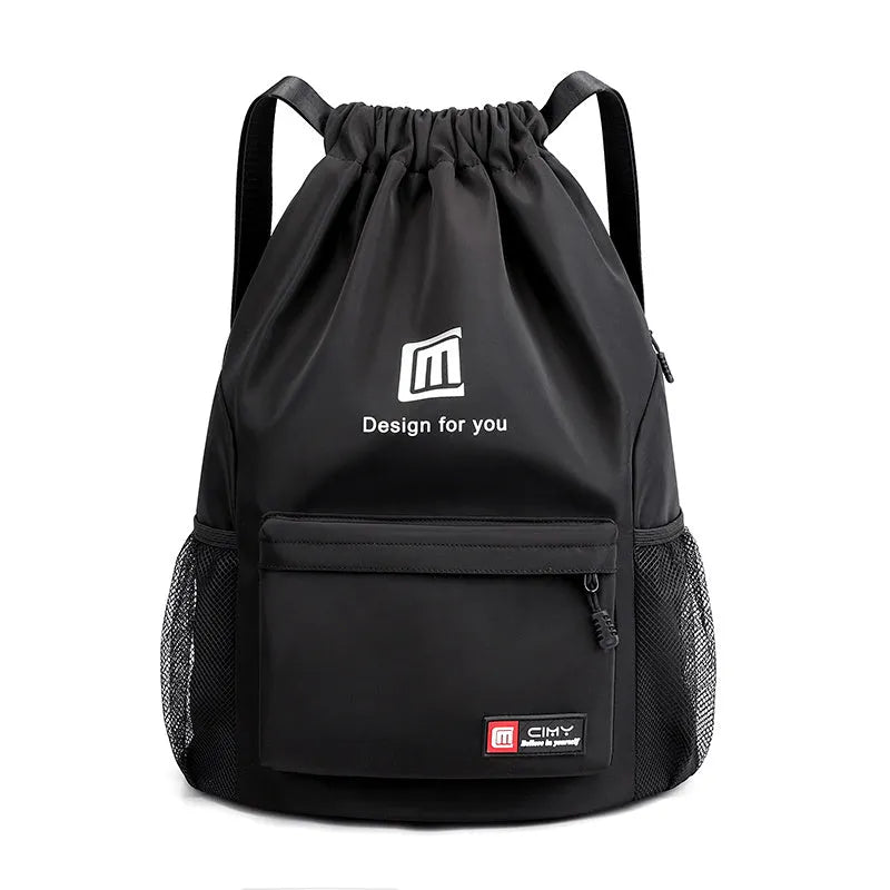 Oxford drawstring backpack in bucket shape with pull-cord closure and water-repellent fabric