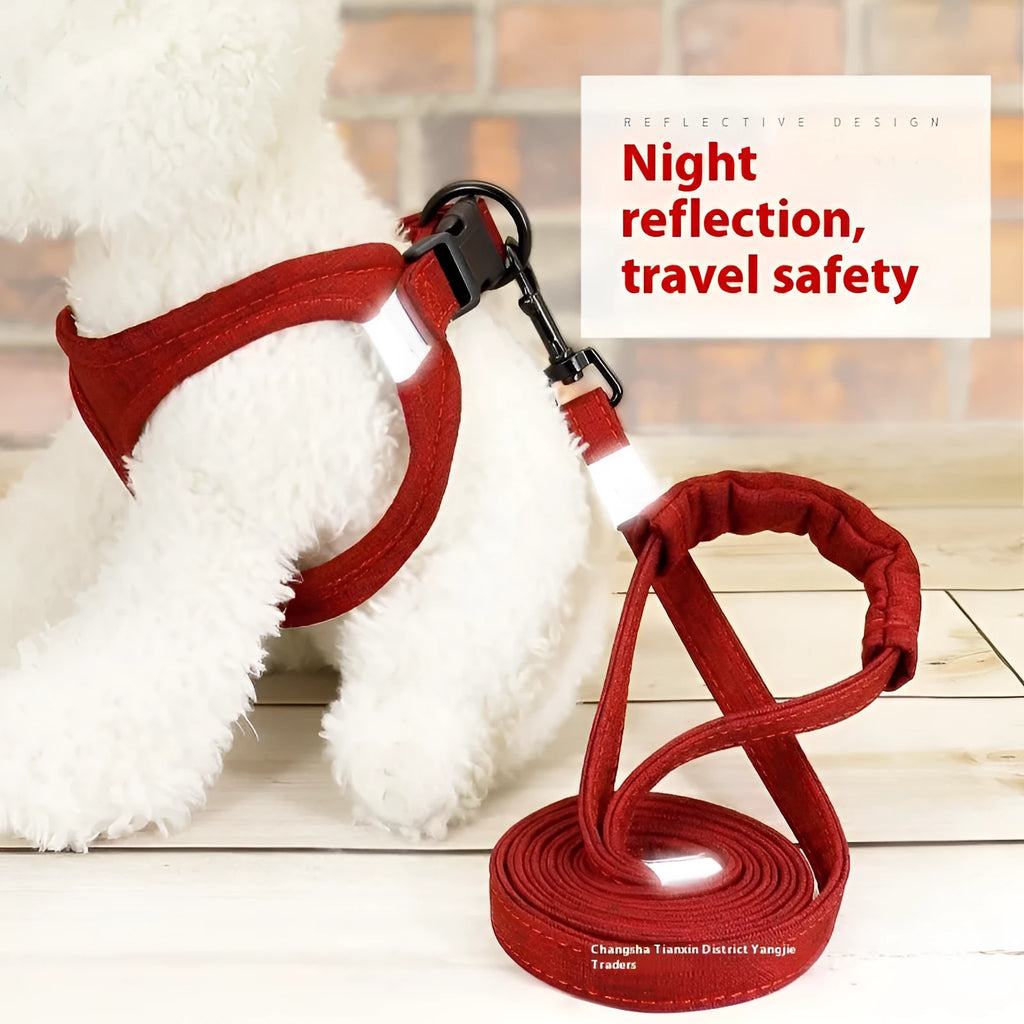 Adjustable rope leash vest style harness for dogs and cats in multiple colours, front view showing chest strap and rope material