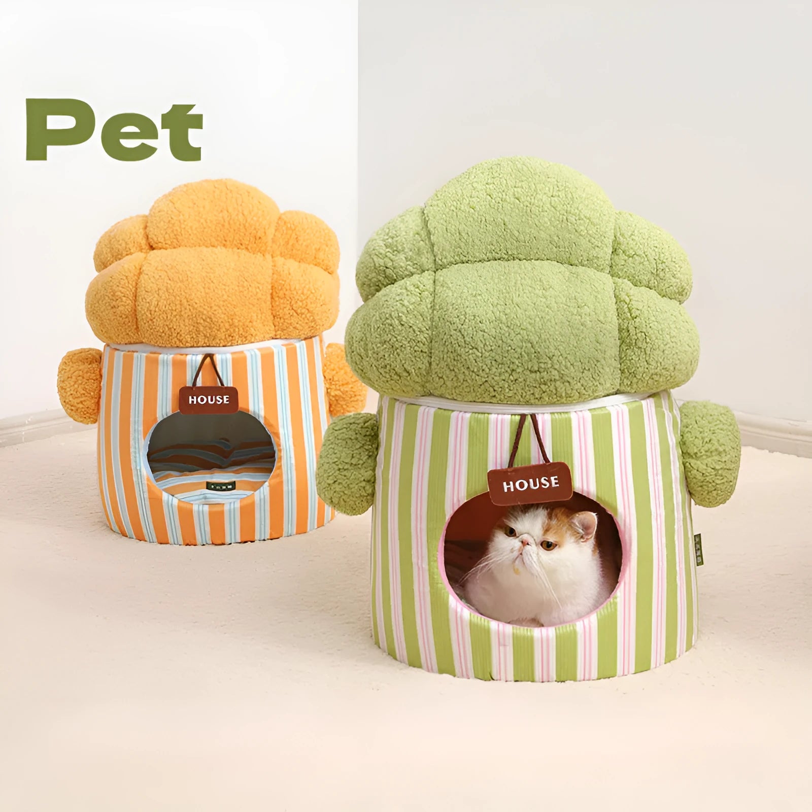 Green cauliflower tree hole design enclosed pet bed for cats and small dogs
