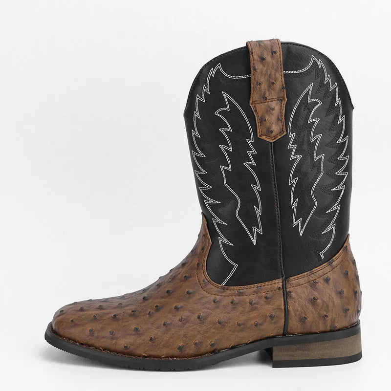 Men's black square toe western-style motorcycle boots with embroidery detail on artificial leather upper.