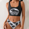 Women's coconut print bikini swimsuit with lace-up top detail and matching bottoms