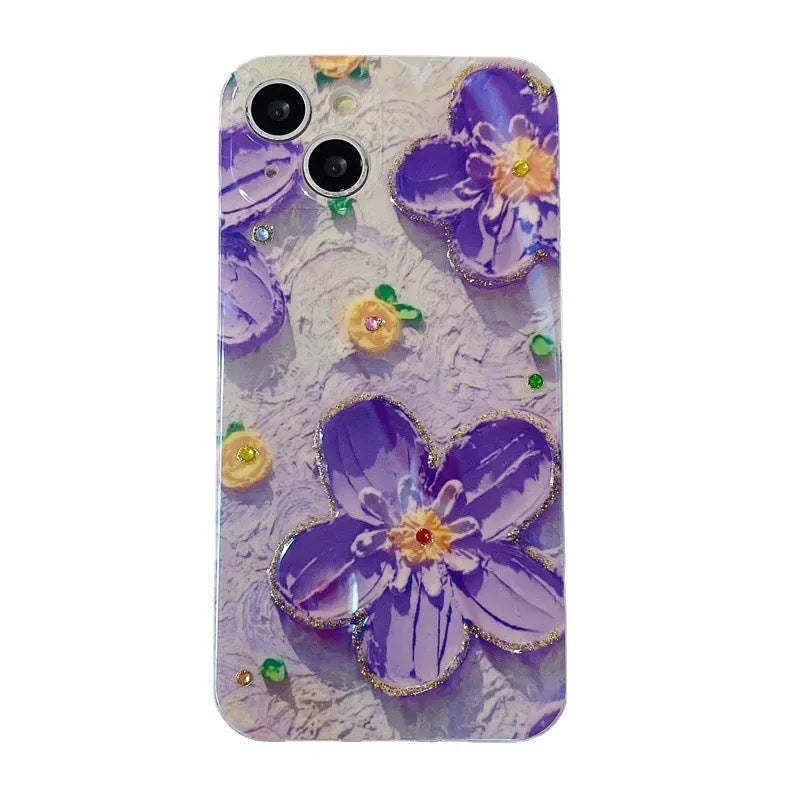 Purple and yellow soft silicone phone cases with an inlaid oil painting flower and diamond drop glue design.