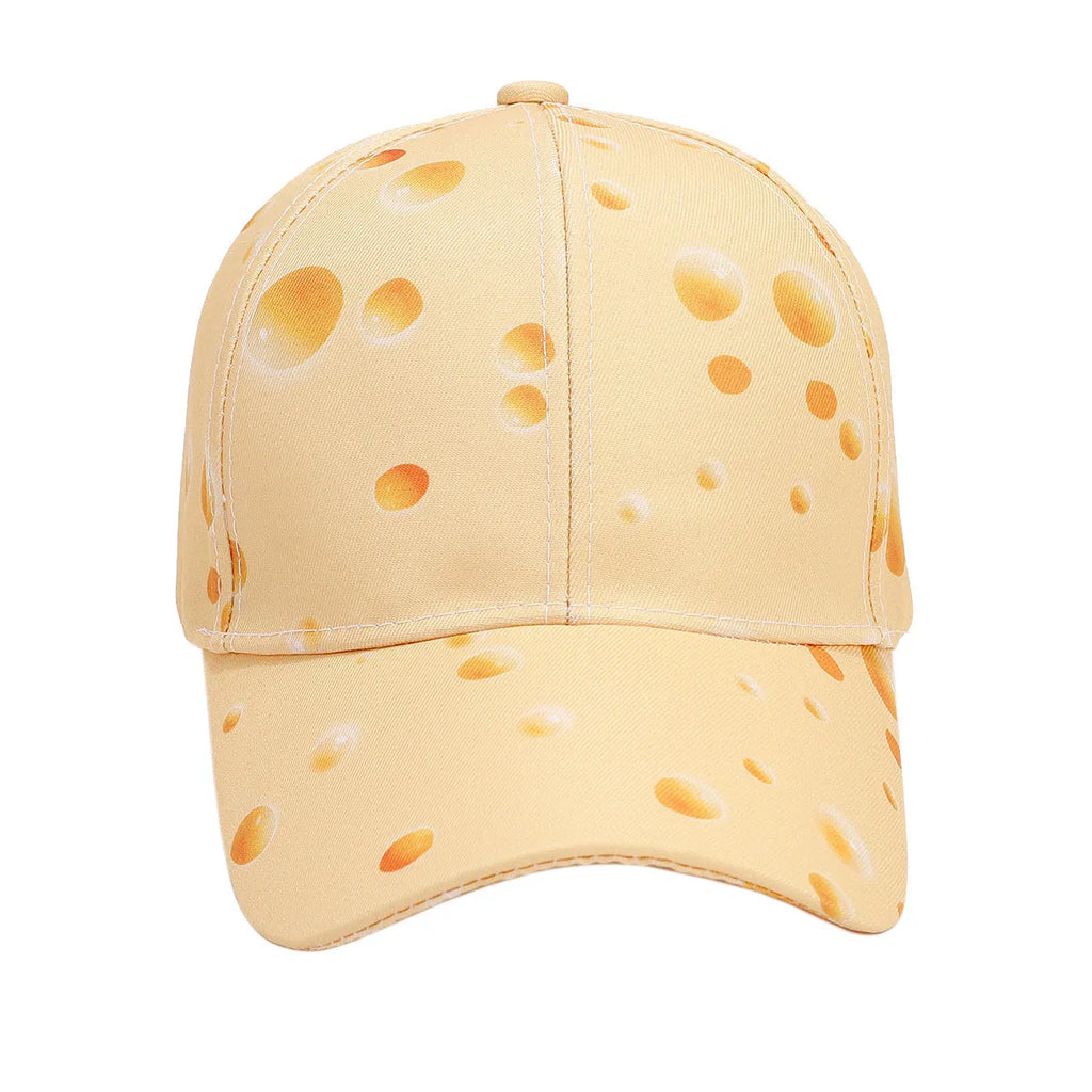 Printed cheese pattern adjustable peaked cap with dome crown and polyester construction