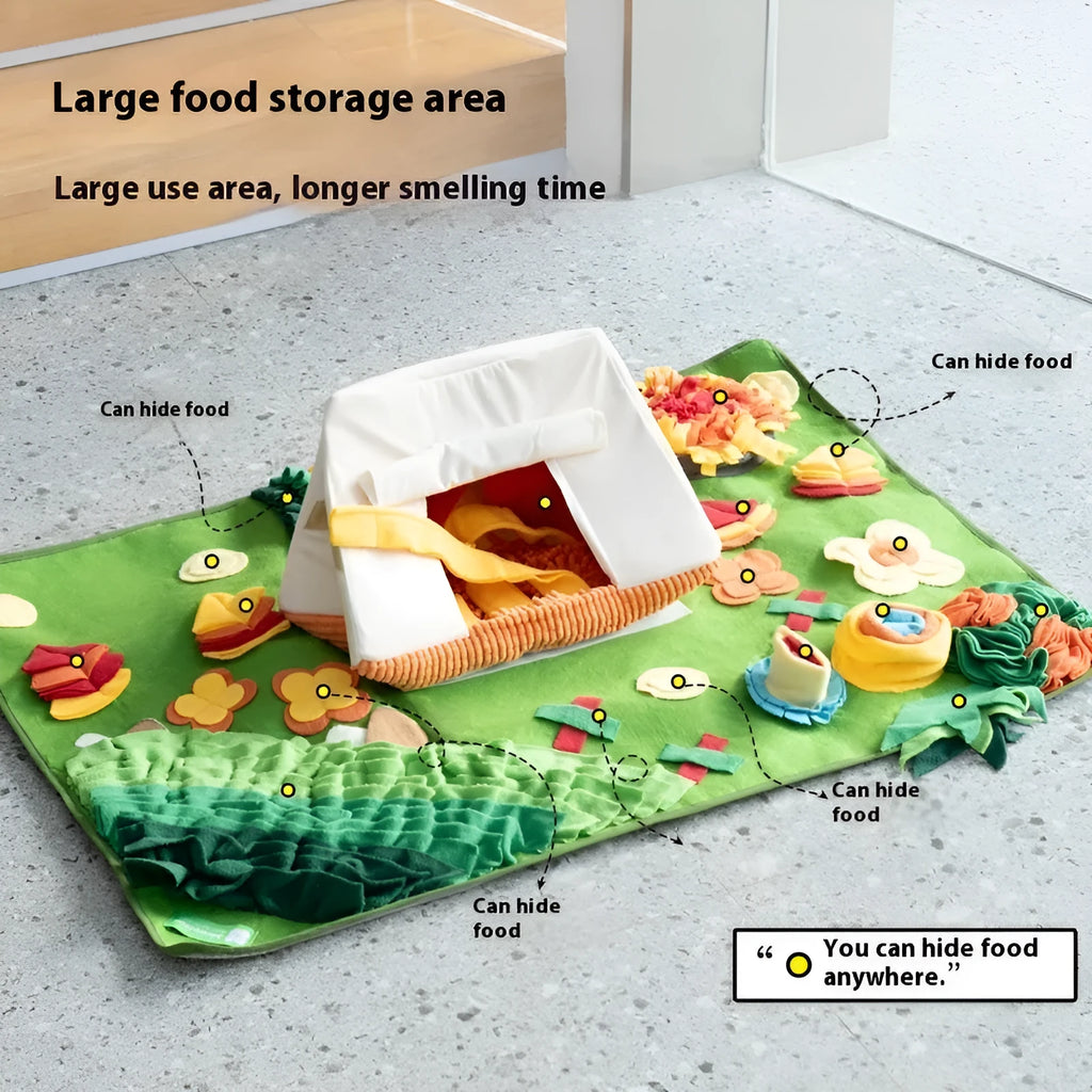 Plastic fabric dog sniffing mat with themed design for treat hiding and canine enrichment