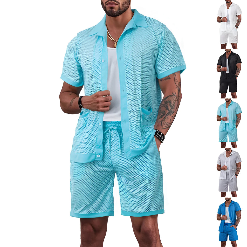 Women's light blue see-through short sleeve cardigan and matching shorts beach set laid flat.
