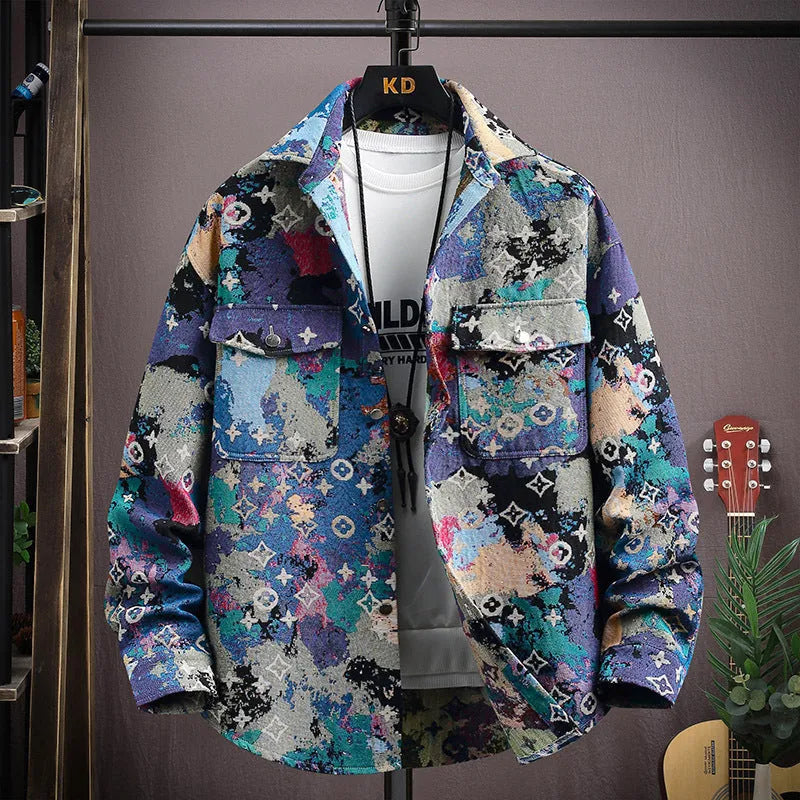 Men's casual lapel shirt coat in polyester, shown in a colour option like black or blue, with long sleeves and a straight hem.