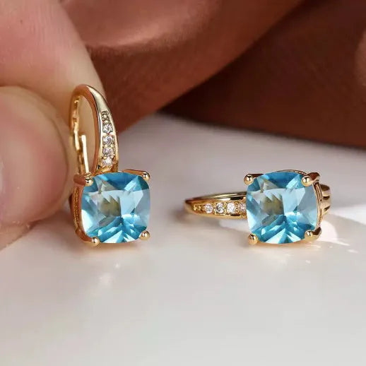 Square copper ear clips with colourful moissanite inlays in gold electroplated finish