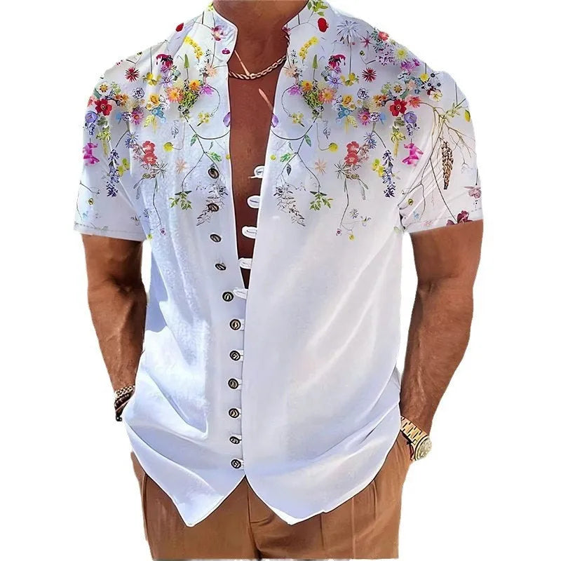Short sleeve youth shirt with 3D printed geometric floral pattern on a cardigan-style front.