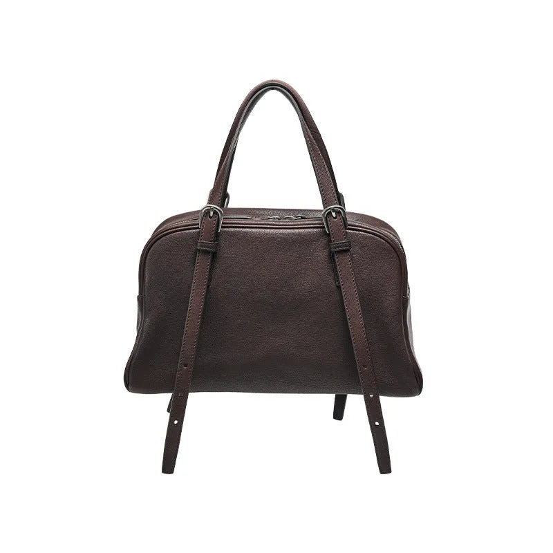 Women's retro style genuine leather shoulder bag in horizontal square shape with double straps