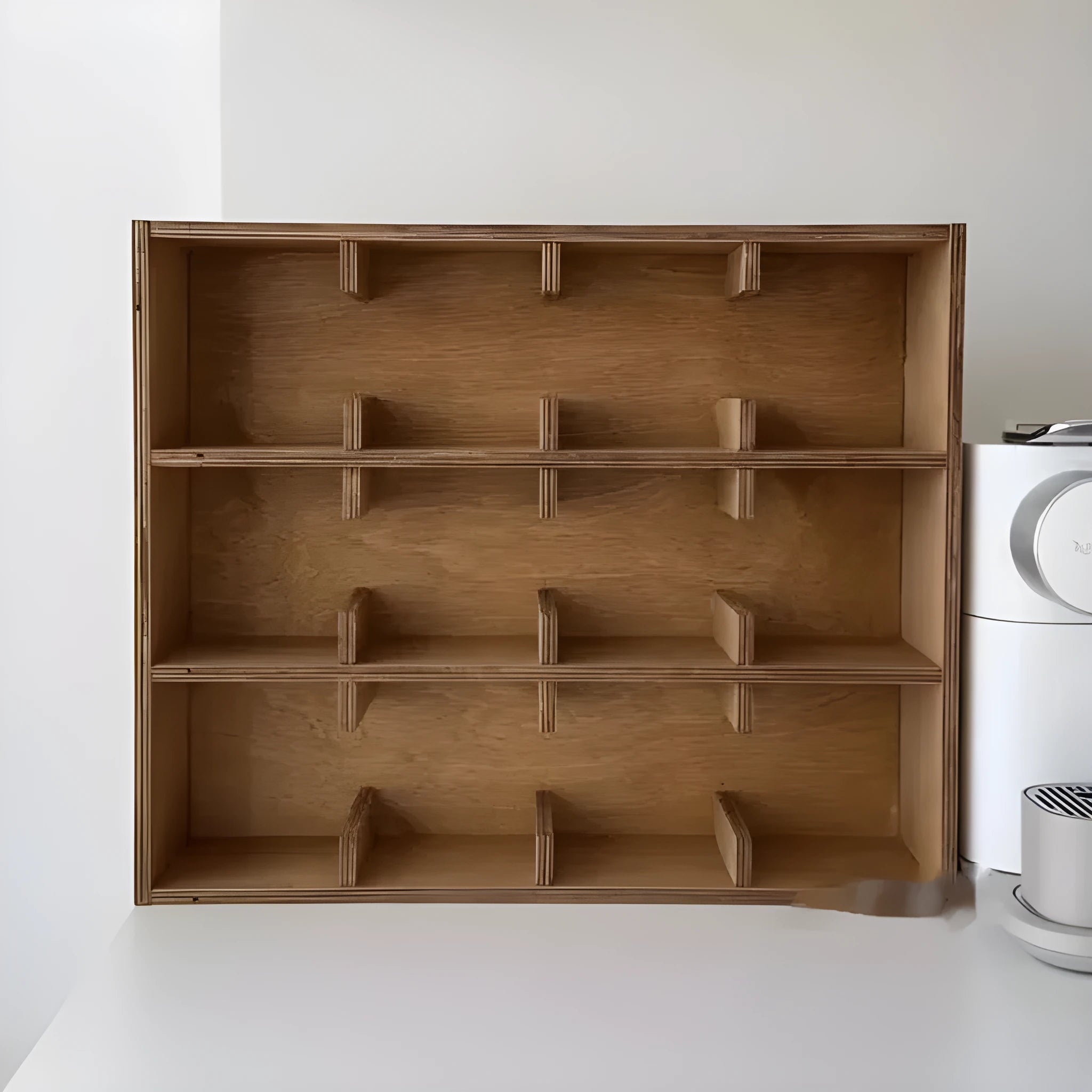 Solid birch wood cup storage rack with square compartments organising mugs on kitchen counter