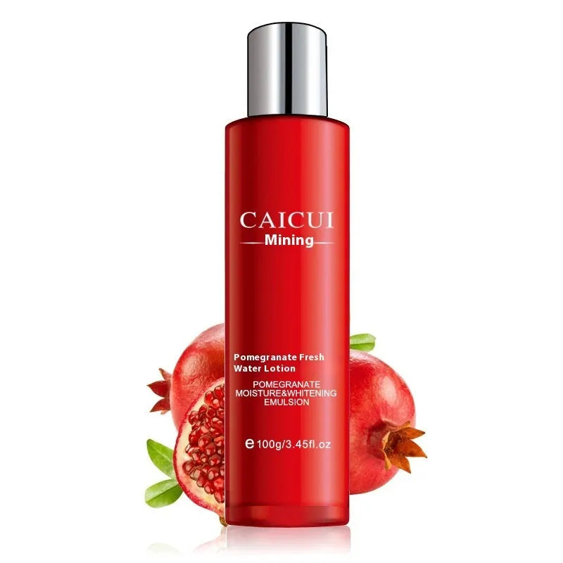 Red packaged pomegranate skincare set containing face wash, toner, lotion and facial cream bottles
