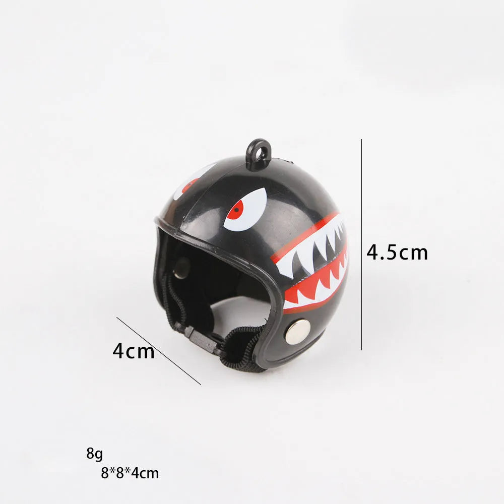 Small hard plastic pet helmet with elastic straps, shown on a chicken.