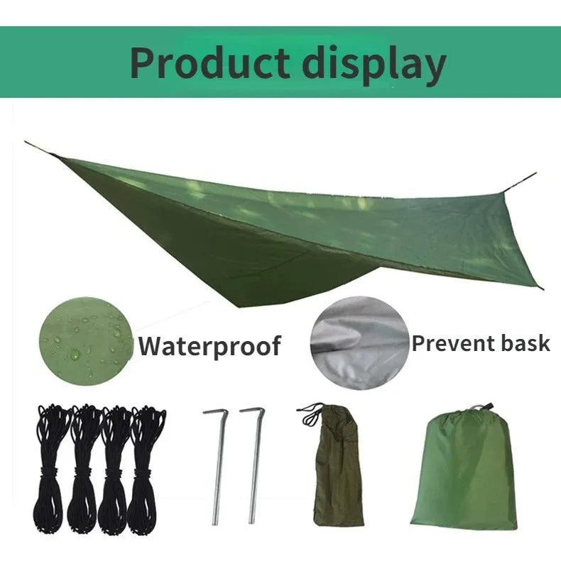 Waterproof anti-mosquito sunshade hammock package in army green set up outdoors with canopy and net