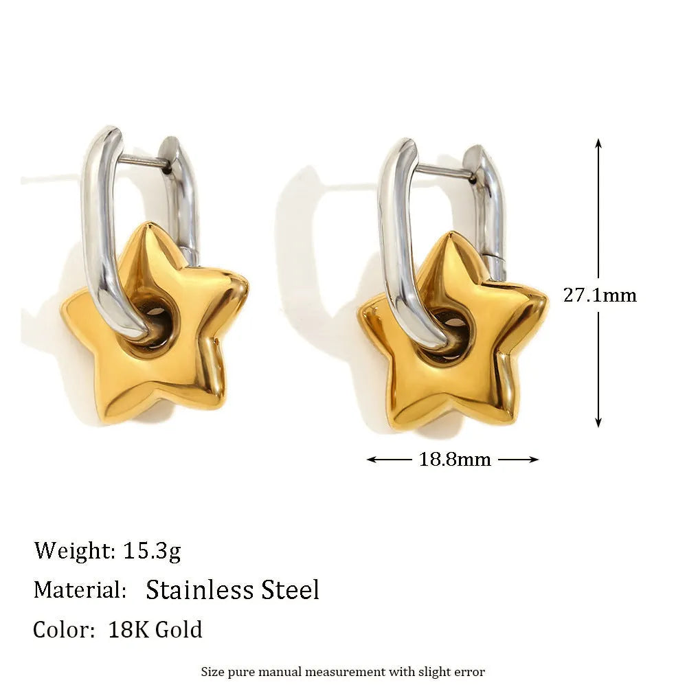 Gold geometric stainless steel jewellery set for women, showing earrings, necklace, and bracelet with electroplated finish.